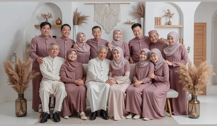 A large family portrait consisting of fourteen people with a modern and aesthetic white-toned interior background. They are dressed in matching outfits, with the men wearing dusty pink Muslim attire, while the women wear long dusty pink gowns with long mat...