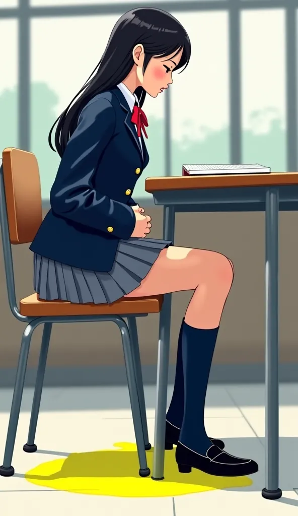 navy blue blazer with gold buttons on a white shirt, with a red ribbon on the chest,gray pleated skirt with wet butt, dark blue high socks with black loafers , black hair long hair,Neat Lady ,Beauty,教室の椅子に座ったままUrinary incontinence,Make a thin fluorescent y...