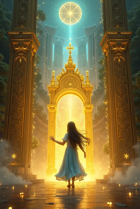 Mihad stands before a massive golden gate in the City of Secrets, surrounded by a magical aura filled with glowing lights. The gate is made of pure gold, engraved with ancient mystical symbols that shimmer with a bright blue glow. Behind her, the city stre...