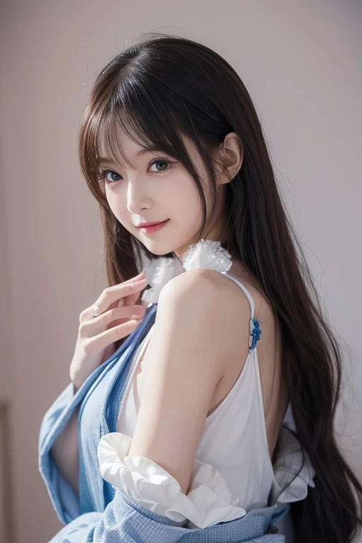  Realistic Photo Quality 、青と白の dressと黒い手袋をはめた女性がいます,  Anime Girl Cosplay ,  Anime Cosplay ,  Cosplay Photo,   Professional Cosplay , costume with line art blue accents ,   Elegant Glamorous Cosplay , Maid! dress、 looking at camera、Detailed and beautiful ey...