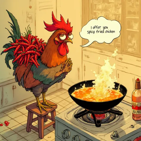 A rooster is carrying a bunch of red chilies on his back. A large amount of cooking oil is boiling in a black round iron wok on the stove. He stands on a step stool, praying with his hands folded in front of his chest, one foot about to enter the wok. He i...