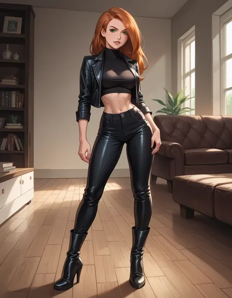 cinematic film still, solo, 1girl, BREAK kim possible, narrow waist, perky breasts BREAK black leather jacket, turtleneck_top_under_jacket, leather_miniskirt, thigh-high-heel_boots, midriff, BREAK sneaking around, beautiful, graceful, elegant, BREAK beauti...