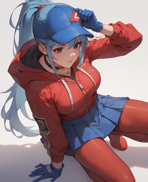 score_9, score_8_up,1 girl,
,wear blue cap, wear red hoodie,BREAK blue hair, ponytail,wear blue gloves, wear red tights,wear blue skirt, black eyes