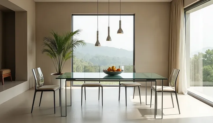  "Create a modern dining room with sleek glass furniture, simple design, and neutral tones."