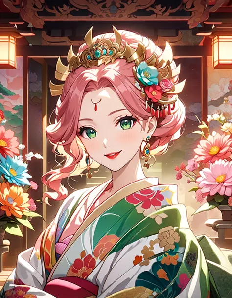    front view,  Video Viewers  ,(​  masterpiece、   top quality 、   Official Art、  beautiful and artistic   :1.2)、  beautiful pink eyeshadow、((    masterpiece、    top quality 、     very detailed))、   Ornate Decor  ,   pink hair、   hairpins，    hair ornament...