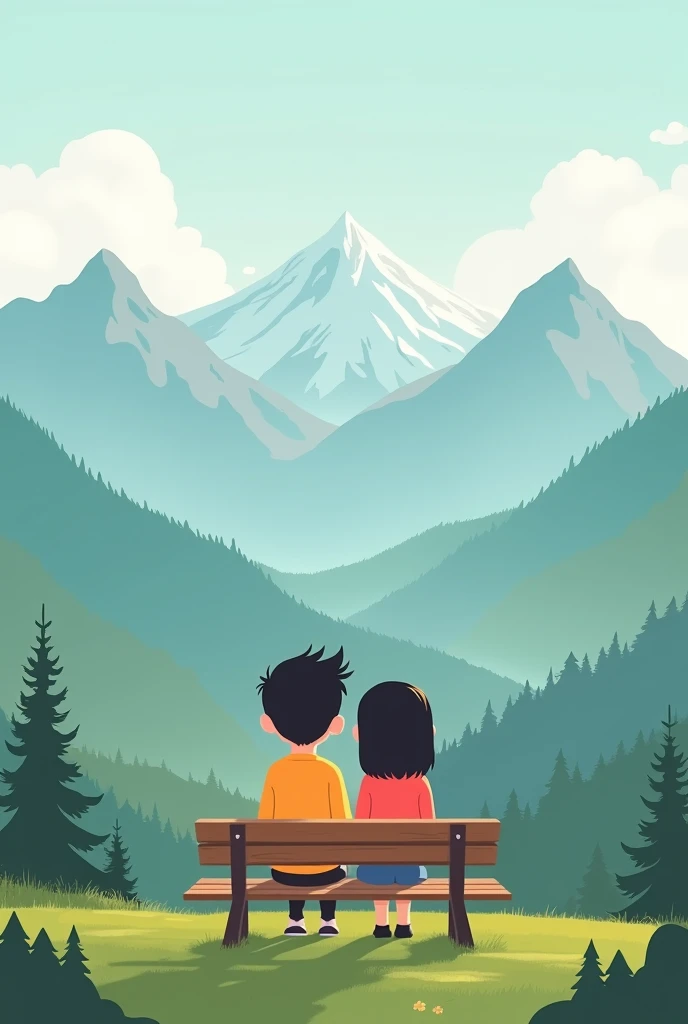 a cartoon minimalist picture of a couple sitting on a bench admiring the beauties of mountains and valleys