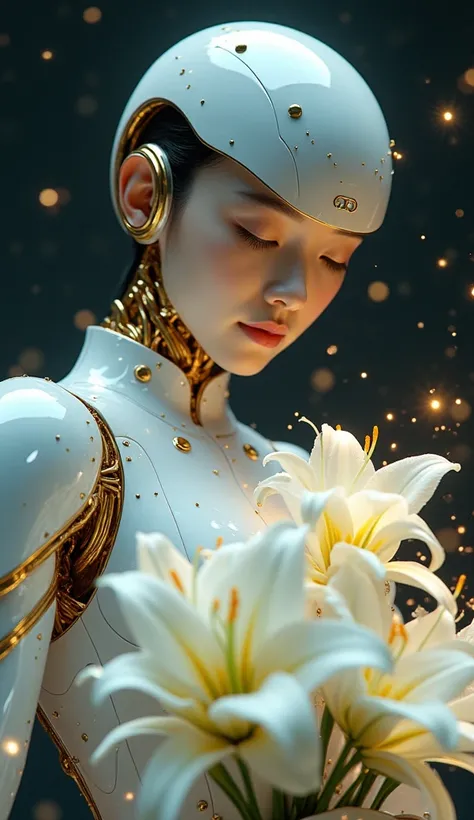 A beautiful, young, Asian-inspired android, with a serene expression and closed eyes, gently holding a bouquet of white lilies.  The android is predominantly white, with intricate gold metallic accents and mechanical details visible throughout its body.  T...