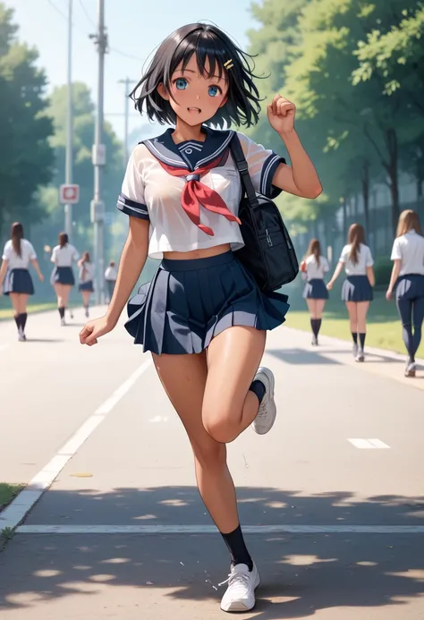 masterpiece, best quality, delicate illustration,ultra detailed skin, yuuki mikan, Black Hair, 
(1girl:1.2), (tan:1.0), See-through (summer school uniform:1.1), (micro:1.35) (skirt), (running:0.8), (ass:0.7), (midsummer), no bra, (no panties:1.1), love jui...