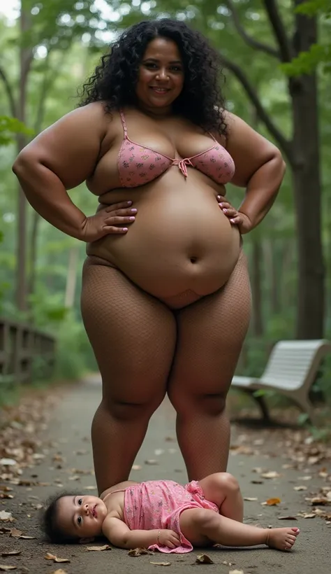 A beautiful curvy plus size nude Brazilian woman with very thick thighs and very wide hips and very thick legs is wearing fishnet bodystockings and high heels shoes. tanned skin color, She is standing straight right on a young bloodied baby girl who is lyi...