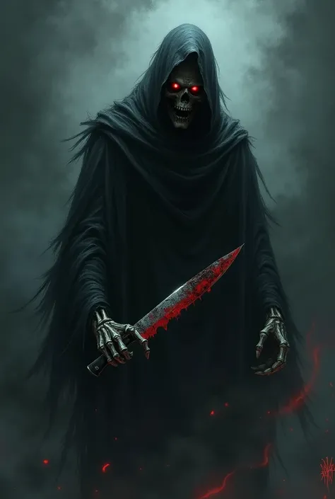 i want you to genret some horror gost wearing black and holding knife with red eyes 