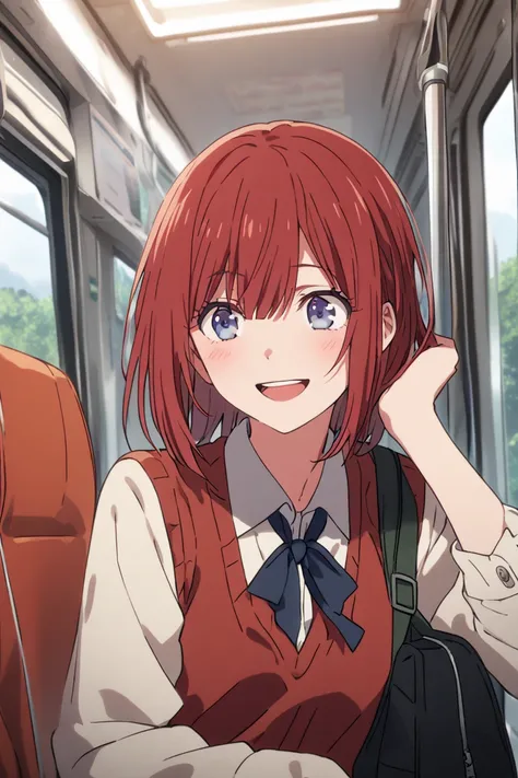 They look happy to find someone they like while commuting to school,boyish red-haired high school girl,solo,