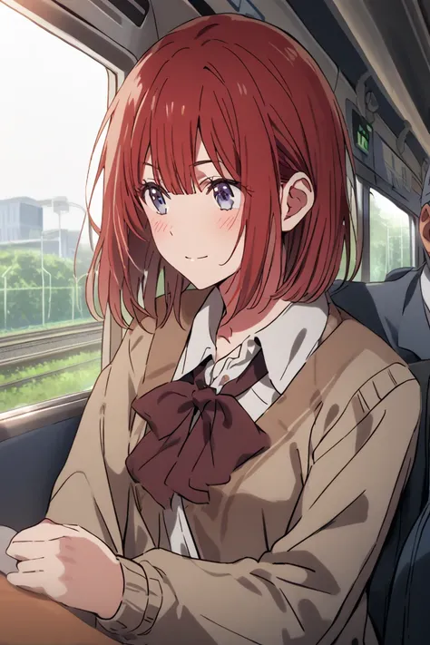 They look happy to find someone they like while commuting to school,boyish red-haired high school girl,solo,