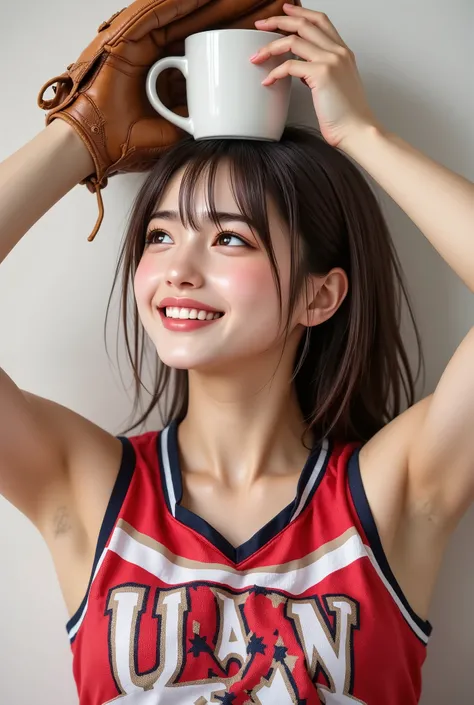 photorealistic,1girl\(smily,Looking up,full body,cheerleaders outfit\(Baseball glove on left hand, hands up,arms raised in air),stunding\),she puts the mug over her head, the covered mug,(side view,and underarm  super focus under arms),masterpiece, best qu...