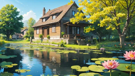 House in a village in spring, next to a river with water lilies, blue sky, 8K