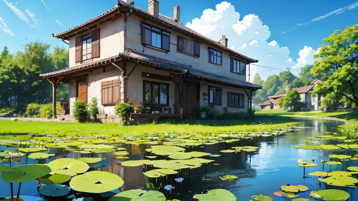 House in a village in spring, next to a river with water lilies, blue sky, 8K