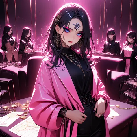   top quality、Ultra-precise depiction、 detailed map、  bright colors visible from the forehead、 beautiful girl 、 alone、40 years old、 Height、 accurate facial depiction、Dark Bar、 pink lighting、Sofa、 table、wine、coin、 tuxedo、 shirt、 tie、 bust up、 Skin radiance、...