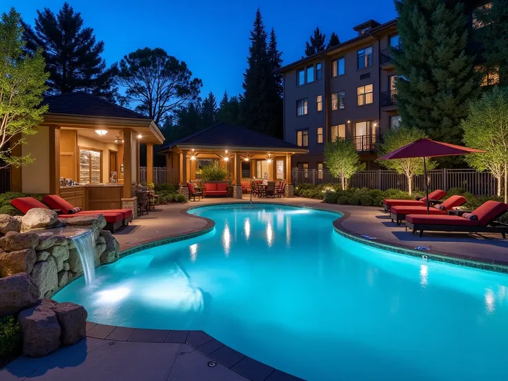  Water Features and Poolside Amenities

With elegant water features such as waterfalls and fountains,  create a visually stunning poolside space .  Design ,  comfortable poolside seating areas that enhance ambiance at night , with shaded areas and cabins, ...