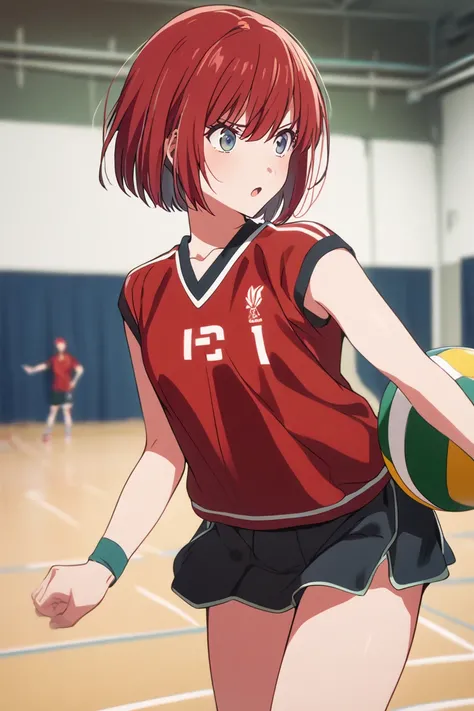 I'm playing volleyball in physical education class,boyish red-haired high school girl,solo,