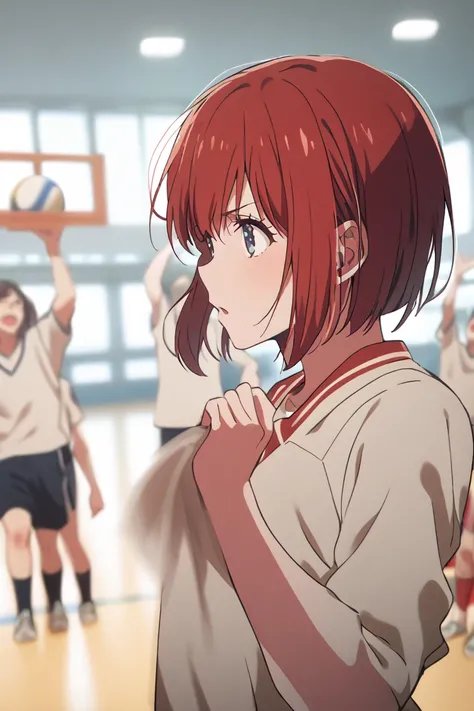 I'm playing volleyball in physical education class,boyish red-haired high school girl,solo,