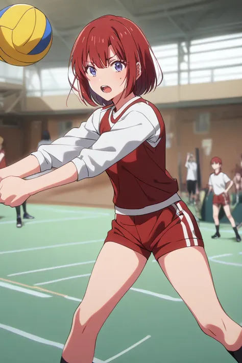 I'm playing volleyball in physical education class,boyish red-haired high school girl,solo,