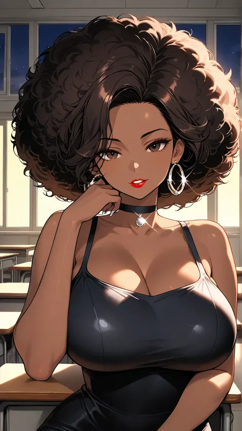 1Woman, Mature, Adult, Ebony, African American, Dark Brown Skin, Jet Black Curly Afro, Huge Afro, Forehead, Dark Brown Eyes, White Nails, Red Lipstick, Dark Brown Eye Shadow, Big Chest, Red Bodycon Dress, Black Blouse, Black Choker, Looking At Viewer, Bore...