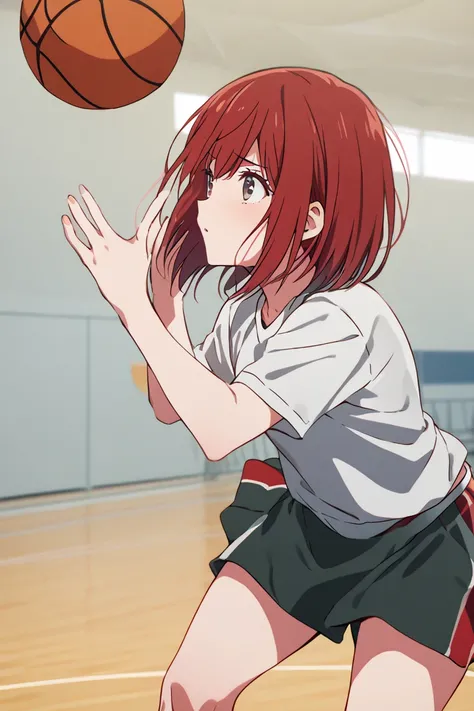 I'm playing basketball in physical education class,boyish red-haired high school girl,solo,