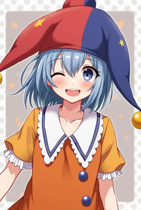 anime girl with a red and blue hat and orange shirt, a picture by Kamisaka Sekka, tumblr, mingei, y 2 k cutecore clowncore, cutecore clowncore, official art, female protagonist 👀 :8, clown girl, sayori, [[[[grinning evily]]]], colored accurately, jester