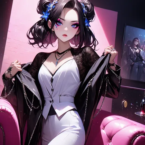   top quality、Ultra-precise depiction、 detailed map、  bright colors visible from the forehead、 beautiful girl 、 alone、40 years old、 Height、 accurate facial depiction、Dark Bar、 pink lighting、Sofa、 table、wine、coin、 tuxedo、 shirt、 tie、 bust up、 Skin radiance、...