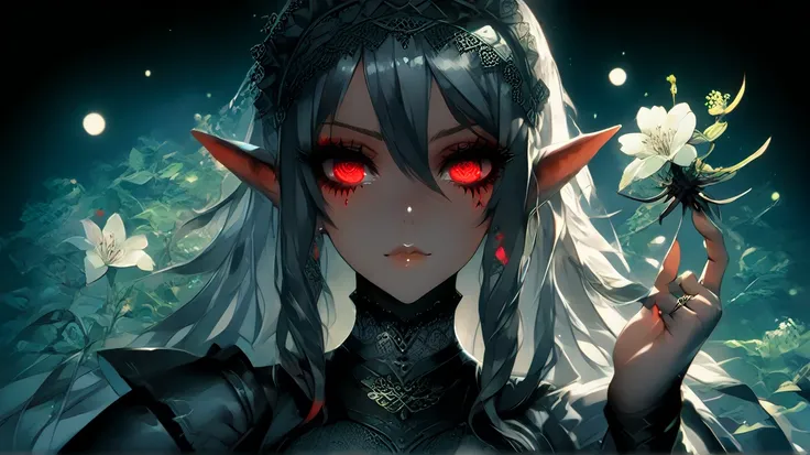 An HD scene of a ((gray skinned)) dark elf with ((white short layered hair)), black eyeliner, crimson eye makeup, with black soulless eyes, (calm arrogant expression), wearing a black gothic armour, high detail, high quality, best quality, masterpiece, 8k,...