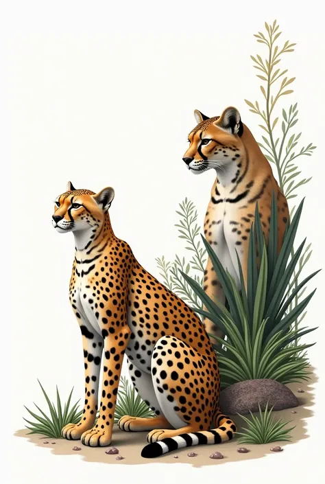  realistic illustration with white background , que muestra A **cheetah**  in portrait position , A **puma**  sitting full length on the right edge  ( as if looking at the next picture ), and plantas como **Monsteras** and **creepers** que comienzan en est...