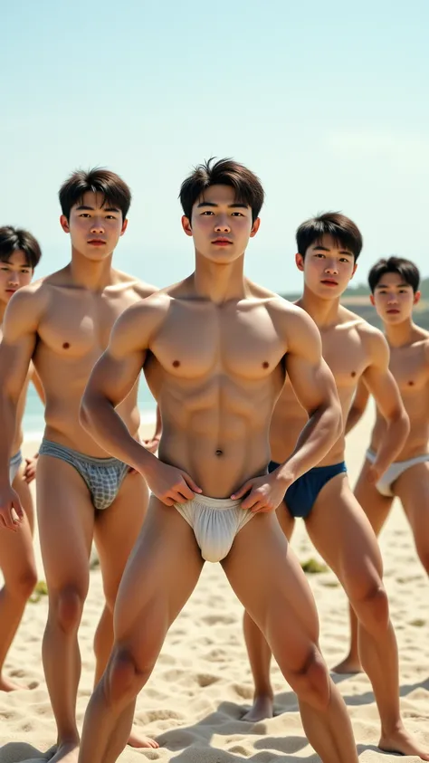  5 Korean handsome male star high school students，(Chest Full )，（STEREO ABDOMINAL MUSCLE），（ delicate cute face ），（Fragmented cap hairstyle）， inverted triangle body ，Five-Toe ， five fingers， with no clothes ，Crotch Full of Details，Stretching your waist on t...