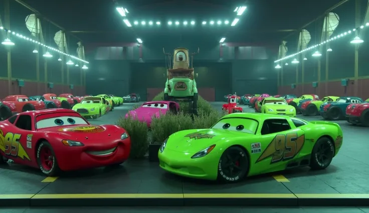 "In a cars-only universe, car characters competing in a Squid Game-inspired event, Lightning McQueen as Car 95, Mater as Car 53, playing Red Light Green Light, all cars wearing green tracksuits, a giant doll (without a number) in the background, dramatic l...