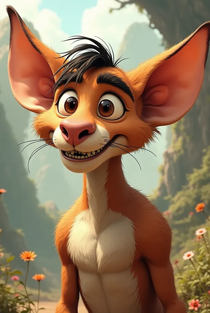 Draw an animated character with ears , big nose and eyebrows that are from prehistoric times with a diastema and that are beautiful as animated drawings for ren who are human