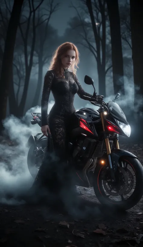(best quality, 128k,highres,masterpiece:1.2),ultra-detailed,(realistic,photorealistic,photo-realistic:1.37), ((masterpiece)) ((photography)) ((Highest quality)) A mysterious redhead woman, in her mid-fourties, stands elegantly beside a sleek, dark motorcyc...