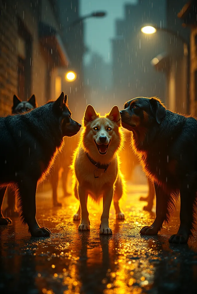 "In a dark, rain-soaked alley, a group of large, aggressive dogs surrounds a once-timid golden dog. However, in the heart of their circle, the golden dog begins to transform. Its eyes glow fiercely with an intense golden light, radiating raw power. Its bod...