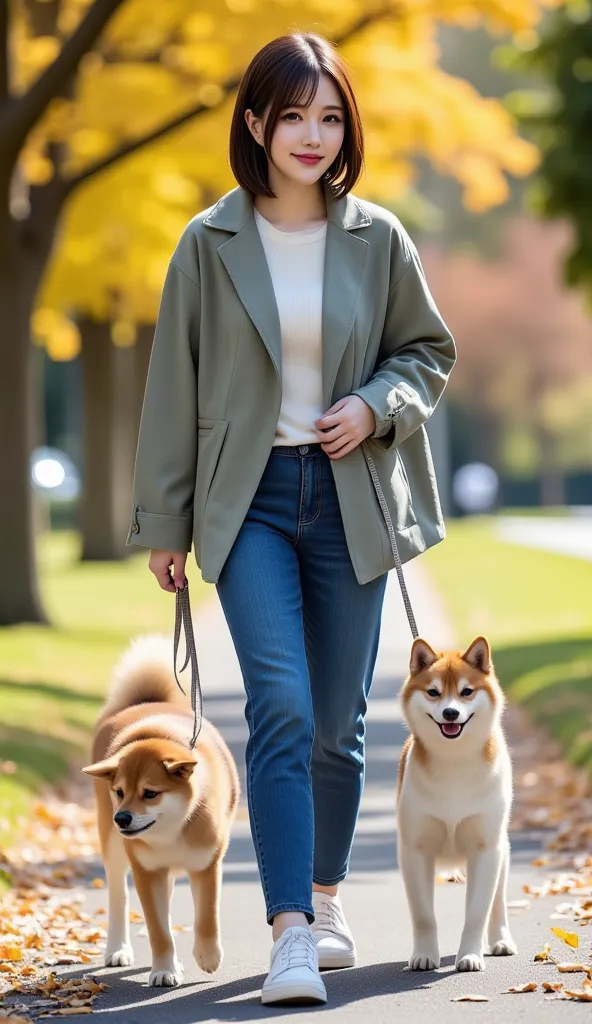 12K、hdr、 bit depth 10bit with old clothes、Walking in the park、 in the sun's nature、With my dog、The dog is a small dog, Shiba Inu、 dark blue jeans 、 random hairstyle、Random outerwear 、 with a smile、Shiba Inu is looking at the model's face、Full body image、 w...