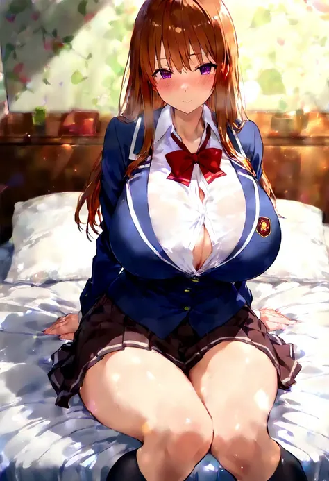 An anime girl with big boobs is sitting on a bed, a hyper現実的な high school girl, hyper現実的な high school girl, 現実的な high school girl,  a bewitching anime girl ,  fleet collection style , かわいい high school girl, Naughty, [  4k digital art  ]!!,  high school gir...