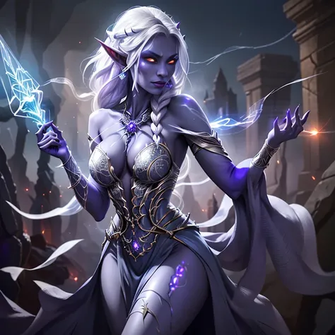 1girl, sexy drow, purple-blue skin, pale silver long elaborate braids, ((glowing-red-eyes)), jewels, elf ears, earrings, ((white sorceress sexy dress with spiders)), ((wield staff)), ((cast light magic)), on a roof of scyscraper, athletic, volumetric light...