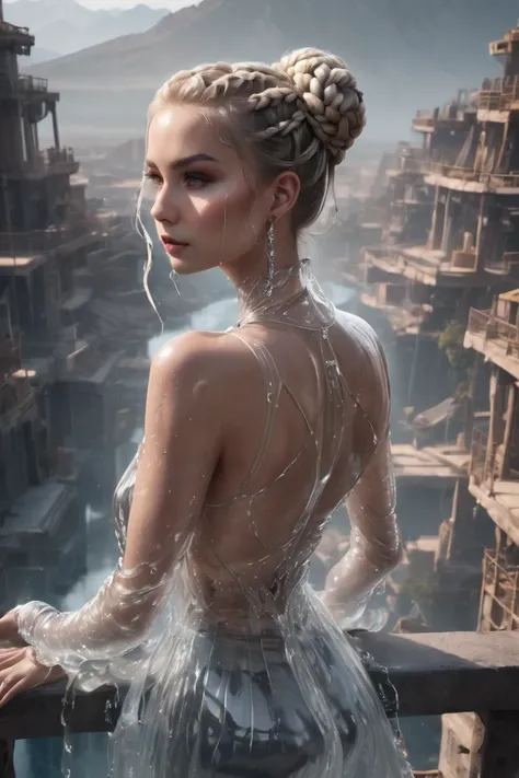 breathtaking beautiful woman wearing a (water dress) Arching in New Vegas, Crane Shot, from above, [full body],
worried,
Braided Bun,
Ash Blonde hair, . award-winning, professional, highly detailed, huge 