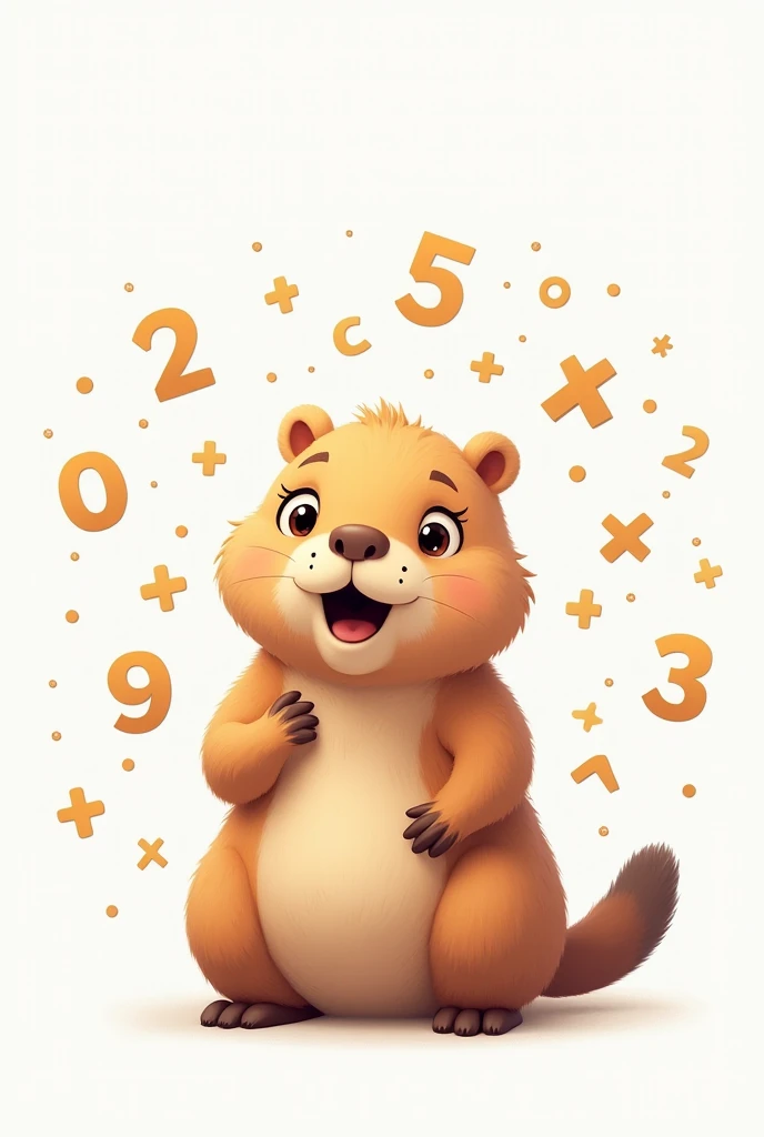 Tender capybara with numbers and mathematical symbols, excited,  with white background 