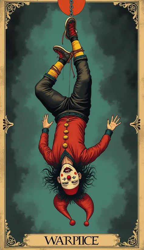 Hanging Clown Tarot Card: a clown wearing a jester's hat is hanging upside down, tied by one leg, with a suffering expression, pissed pants.