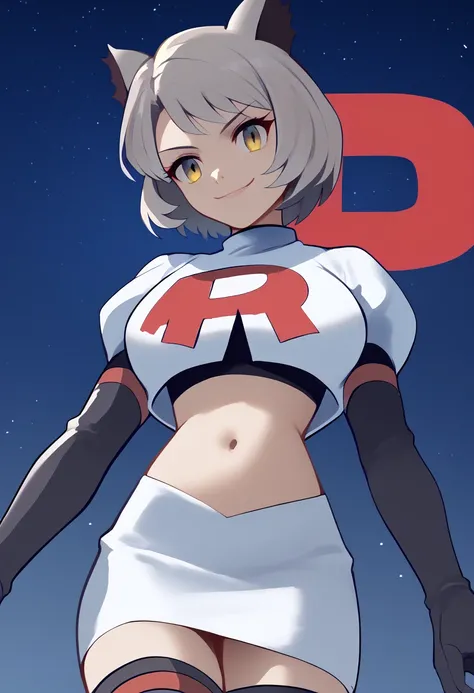 Team rocket, team rocket uniform, red letter R, white skirt,white crop top,black thigh-high boots, black elbow gloves, evil smile, night sky background, large breasts, high-heeled boots, MioXC3, cat ears, yellow eyes, grey hair,