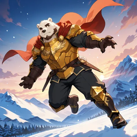 character focus, full body, looking away, various angle, european fantasy, a muscular middle-aged polar bear man, heroic costume clothes, full face helme, full armor, mantle, pants, heroic pose, dynamic pose, BREAK complete anatomy, perfect proportions, be...