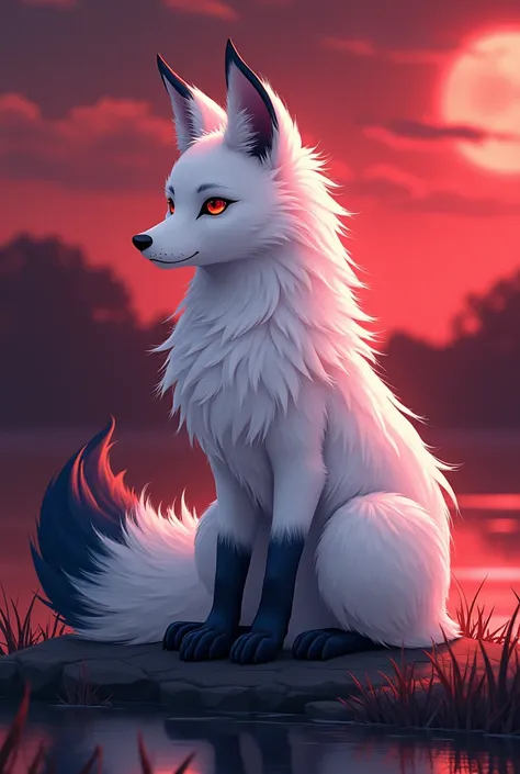   masterpiece, best quality ,Anime-style kitsune,noble,majestic,  white fur ,  tail tips are dark blue ,Her eyes are red and her 4 paws are dark blue ,Sitting by a river,red sky (Night sky),red grass.

