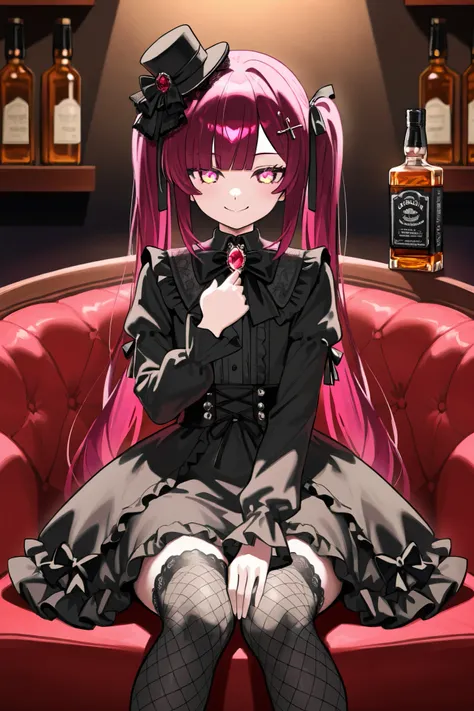 "best quality, in 8K resolution, rich contrast, sharp focus. Anime-style gothic lolita character with lavender hair styled in long straight twin-tails flowing down her back, silky hair, flipped hair, blunt bangs, tied with black long ribbons that reach her...