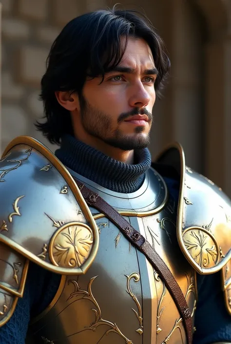 a young man with shoulder-length black hair in heavy blue and gold armor,  look proud and determined on his face ,  short beard ,  attractive man in armor , attractive muscular male with armor ,  male heavy knight , ares with heavy armor, greatness golden ...