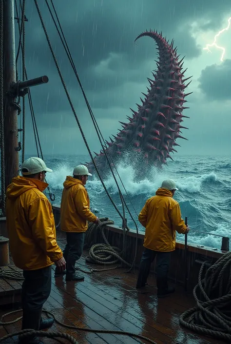 A cinematic, hyper-realistic, ultra-detailed 8K scene of fishermen battling a colossal sea creature in the midst of a violent ocean storm. The wooden deck of the fishing boat is drenched in rain and seawater, reflecting dramatic lighting. Thick, rugged rop...