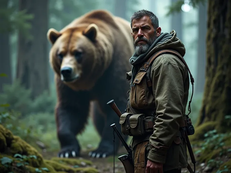 The man is a hunter and behind him is a bear.