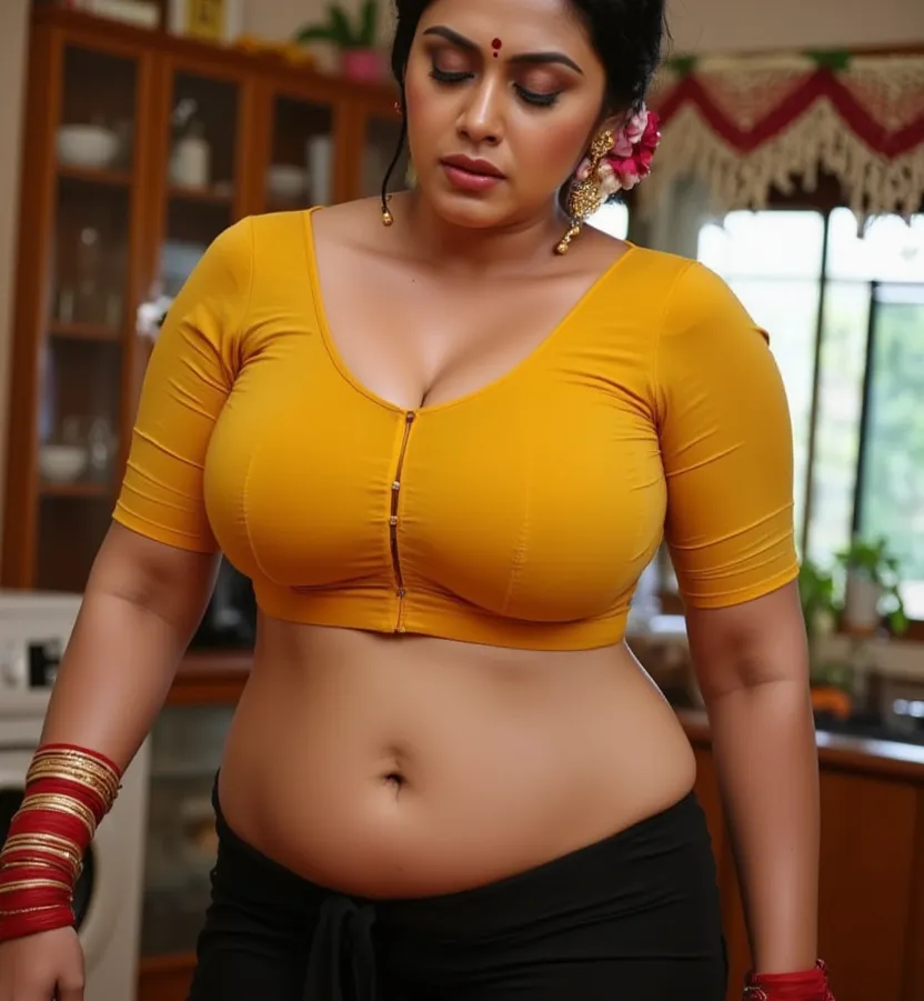 Dusky thick body, yellow blouse, black see through saree,oily body, working in kitchen, sweat drops seen in her body, hair tied around, flowers in head, red lips, deep navel, sexy waist folds, nosering, Fit and curvy body, sleeveless blouse, costly room, b...