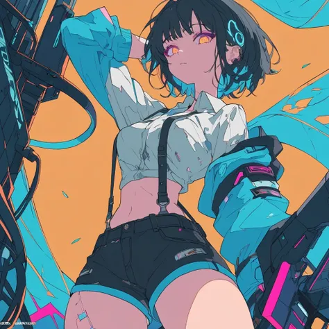 masterpiece, best quality, 8K wallpaper,  pixiv contest winner,  super detailed illustration , Cyberpunk, one girl, low angle,  black hair, Shorts, suspenders, ((( FLAT COLOR ))), ( simple background ), Blue main illustration, arms behind head